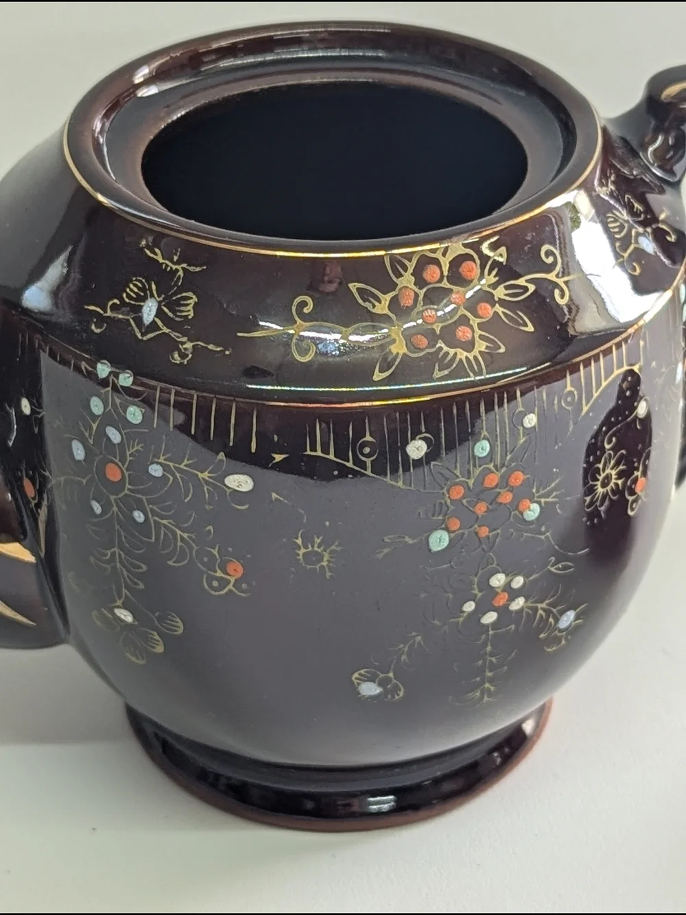 Vintage Hand Painted Brown Ceramic Teapot Floral Gold Cottagecore Tea Pot